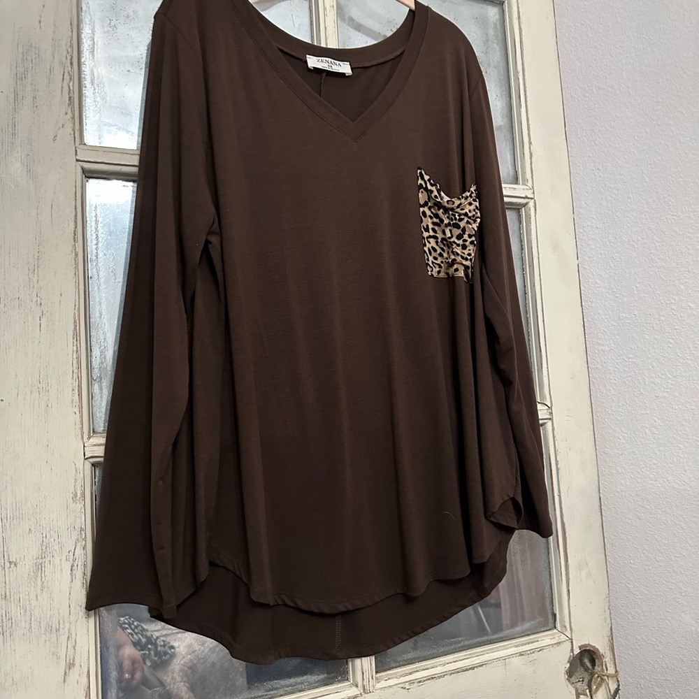 Zenana Outfitters Brown Asymmetrical Blouse Relaxed Fit